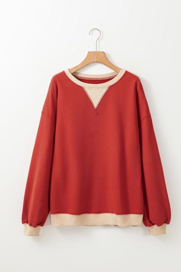 Women Sweatshirts & Hoodies | Red Clay Color Block Drop Shoulder Crewneck Oversized Sweatshirt - Image 5