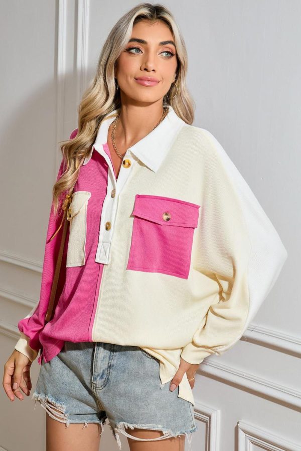 Women Sweatshirts & Hoodies | Rose Red Colorblock Patchwork Ribbed Oversized Henley Sweatshirt - Image 2