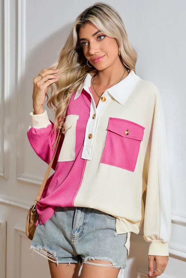 Women Sweatshirts & Hoodies | Rose Red Colorblock Patchwork Ribbed Oversized Henley Sweatshirt - Image 3
