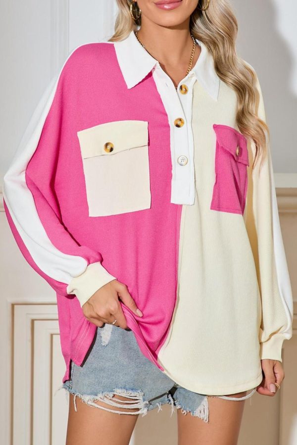 Women Sweatshirts & Hoodies | Rose Red Colorblock Patchwork Ribbed Oversized Henley Sweatshirt - Image 4