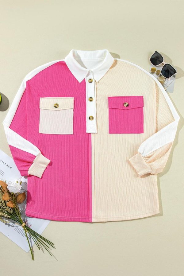 Women Sweatshirts & Hoodies | Rose Red Colorblock Patchwork Ribbed Oversized Henley Sweatshirt - Image 5