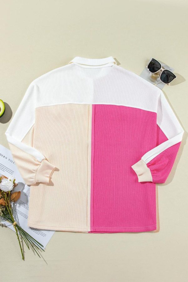 Women Sweatshirts & Hoodies | Rose Red Colorblock Patchwork Ribbed Oversized Henley Sweatshirt - Image 6