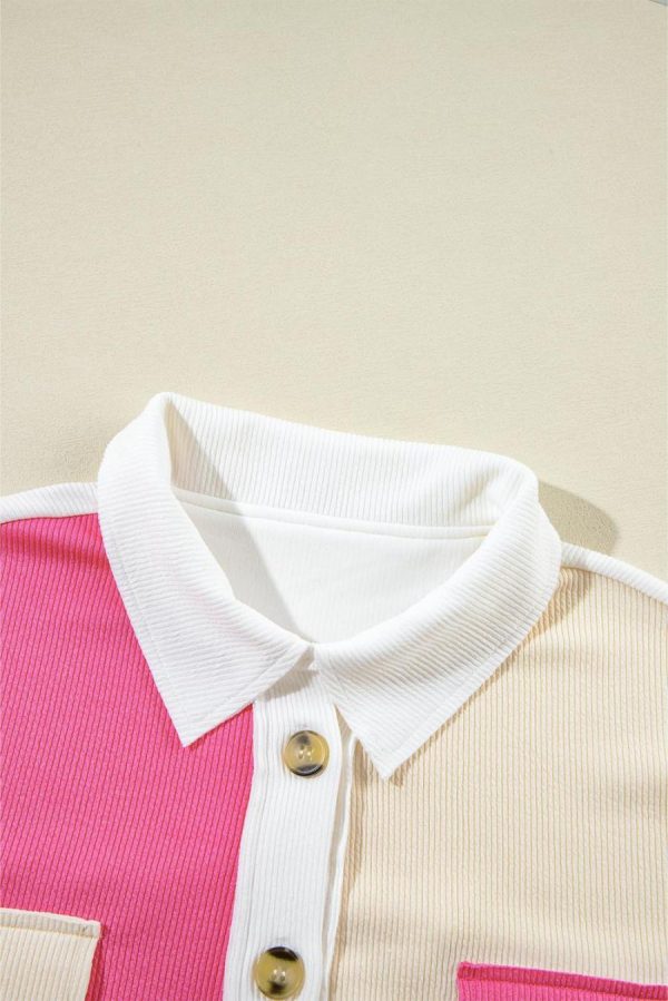 Women Sweatshirts & Hoodies | Rose Red Colorblock Patchwork Ribbed Oversized Henley Sweatshirt - Image 7