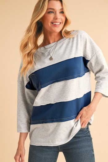 Women Sweatshirts & Hoodies | Sail Blue Striped Patchwork 3/4 Sleeves Raw Edge Sweatshirt