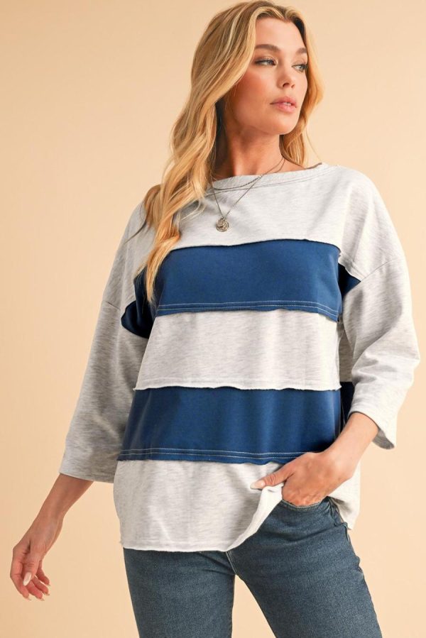 Women Sweatshirts & Hoodies | Sail Blue Striped Patchwork 3/4 Sleeves Raw Edge Sweatshirt - Image 2