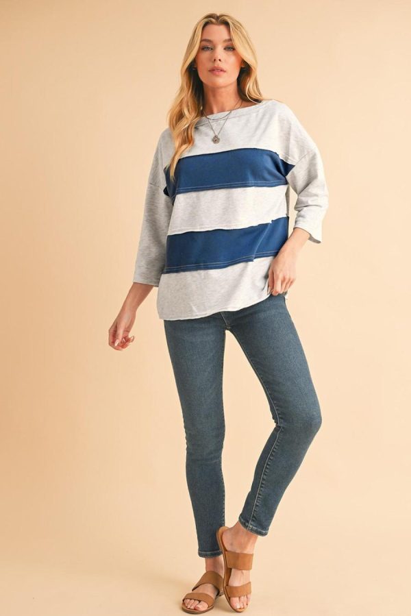 Women Sweatshirts & Hoodies | Sail Blue Striped Patchwork 3/4 Sleeves Raw Edge Sweatshirt - Image 3