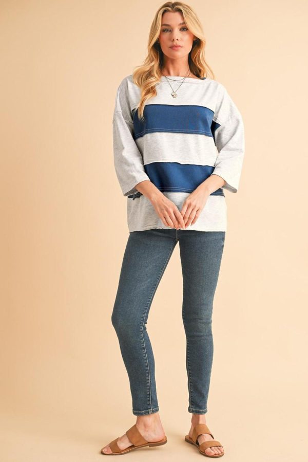 Women Sweatshirts & Hoodies | Sail Blue Striped Patchwork 3/4 Sleeves Raw Edge Sweatshirt - Image 4