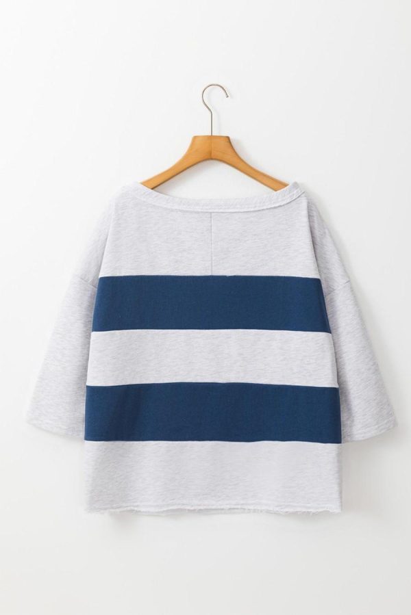 Women Sweatshirts & Hoodies | Sail Blue Striped Patchwork 3/4 Sleeves Raw Edge Sweatshirt - Image 5