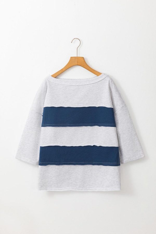 Women Sweatshirts & Hoodies | Sail Blue Striped Patchwork 3/4 Sleeves Raw Edge Sweatshirt - Image 6