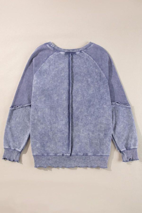 Women Sweatshirts & Hoodies | Sail Blue Waffle Knit Patchwork Raglan Sleeve Sweatshirt