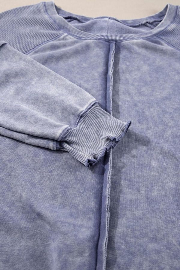 Women Sweatshirts & Hoodies | Sail Blue Waffle Knit Patchwork Raglan Sleeve Sweatshirt - Image 3
