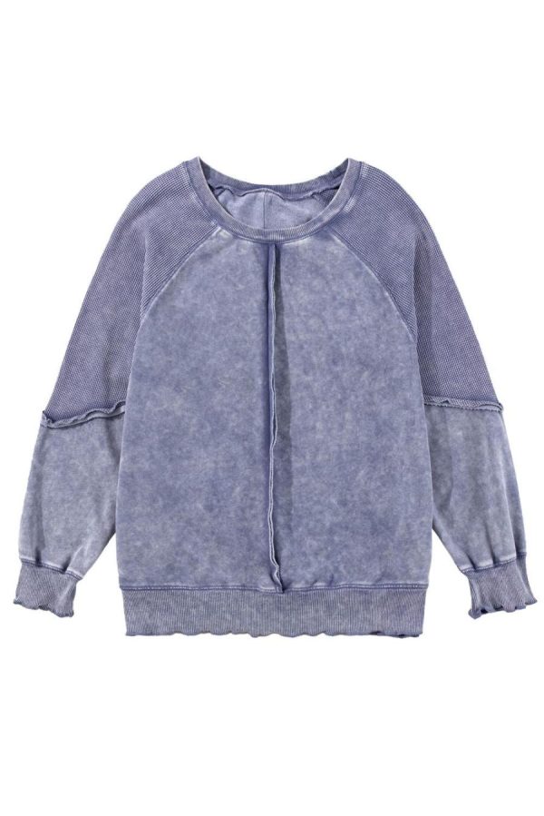 Women Sweatshirts & Hoodies | Sail Blue Waffle Knit Patchwork Raglan Sleeve Sweatshirt - Image 6