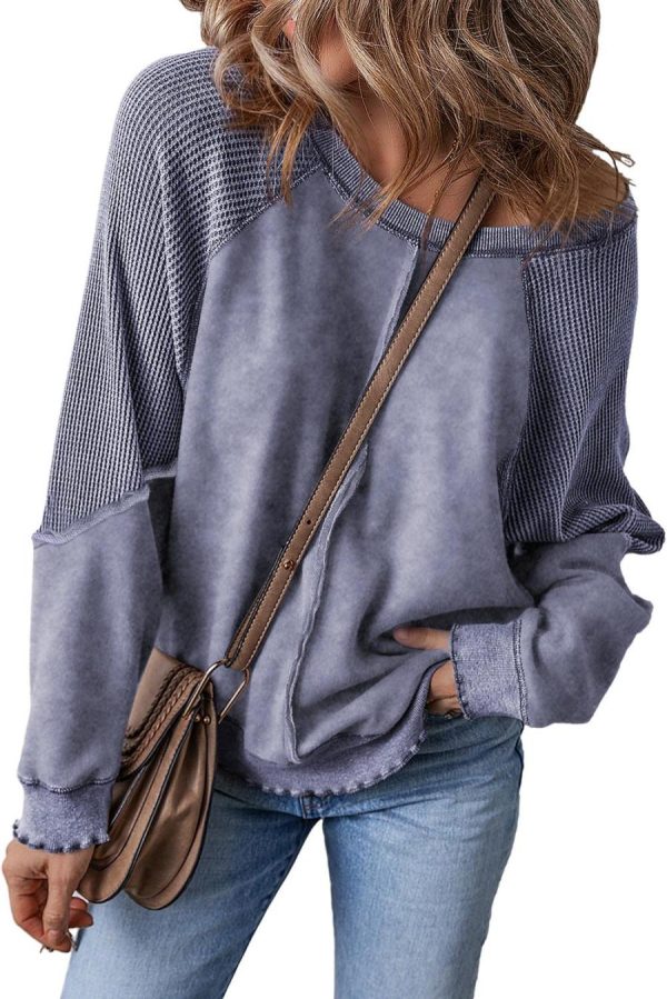 Women Sweatshirts & Hoodies | Sail Blue Waffle Knit Patchwork Raglan Sleeve Sweatshirt - Image 7