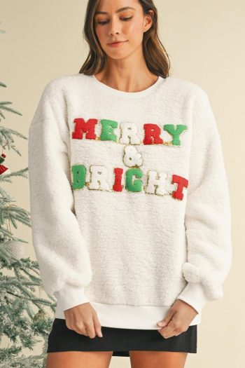 Women Sweatshirts & Hoodies | Snow White Merry & Bright Print Fuzzy Sweatshirt
