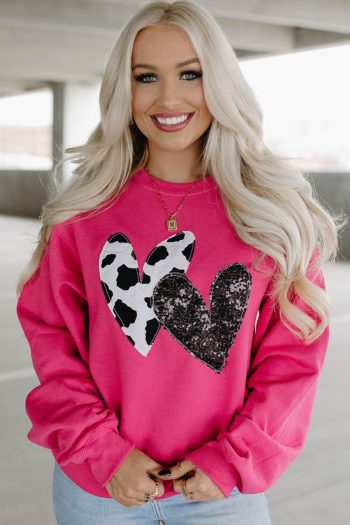 Women Sweatshirts & Hoodies | Strawberry Pink Sequins Heart Patch Graphic Sweatshirt