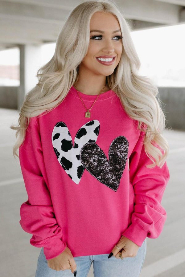 Women Sweatshirts & Hoodies | Strawberry Pink Sequins Heart Patch Graphic Sweatshirt - Image 2