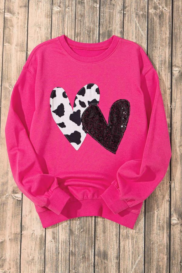 Women Sweatshirts & Hoodies | Strawberry Pink Sequins Heart Patch Graphic Sweatshirt - Image 3