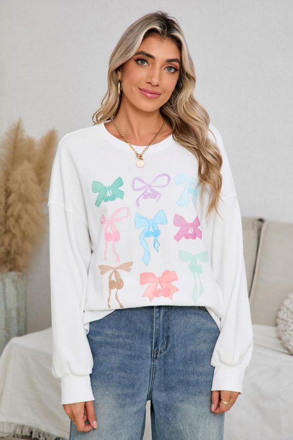 Women Sweatshirts & Hoodies | White Bowknot Edgeless Design Loose Drop Sleeve Sweatshirt