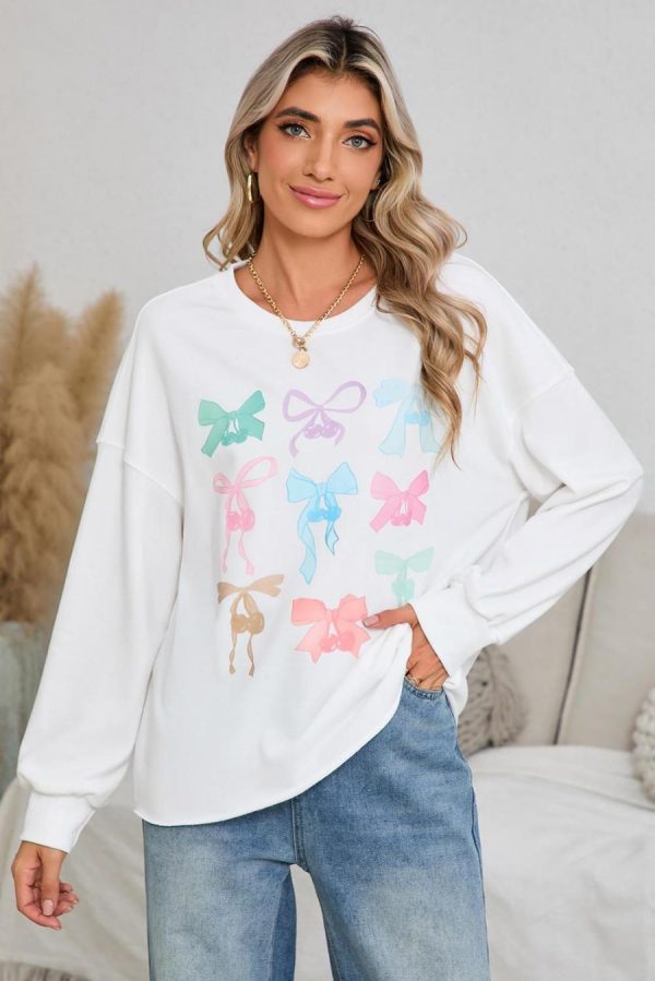 Women Sweatshirts & Hoodies | White Bowknot Edgeless Design Loose Drop Sleeve Sweatshirt - Image 3