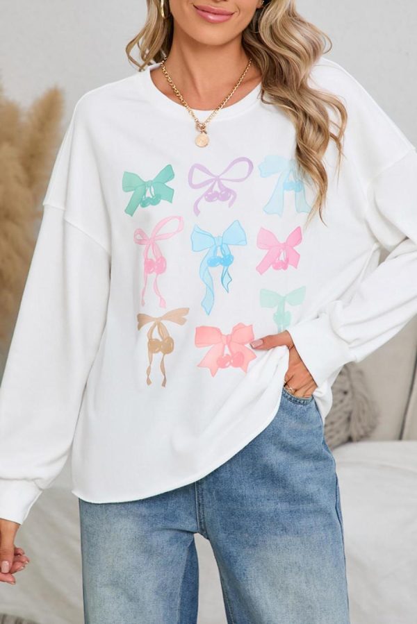 Women Sweatshirts & Hoodies | White Bowknot Edgeless Design Loose Drop Sleeve Sweatshirt - Image 5