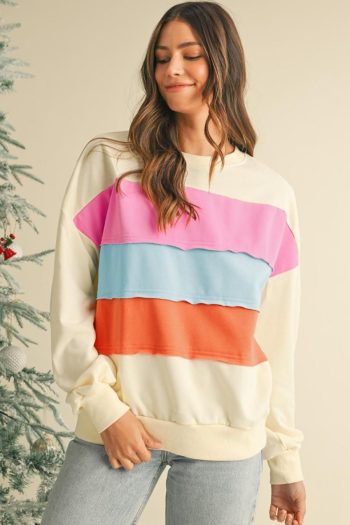 Women Sweatshirts & Hoodies | White Colorblock Patchwork Drop Sleeve Sweatshirt