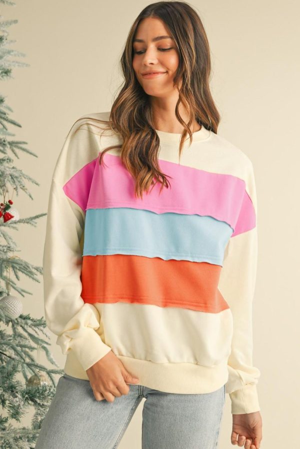 Women Sweatshirts & Hoodies | White Colorblock Patchwork Drop Sleeve Sweatshirt