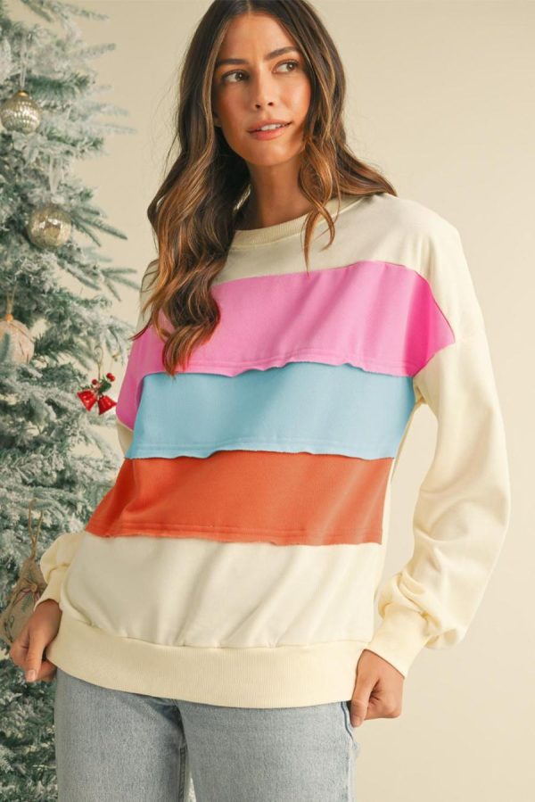 Women Sweatshirts & Hoodies | White Colorblock Patchwork Drop Sleeve Sweatshirt - Image 2