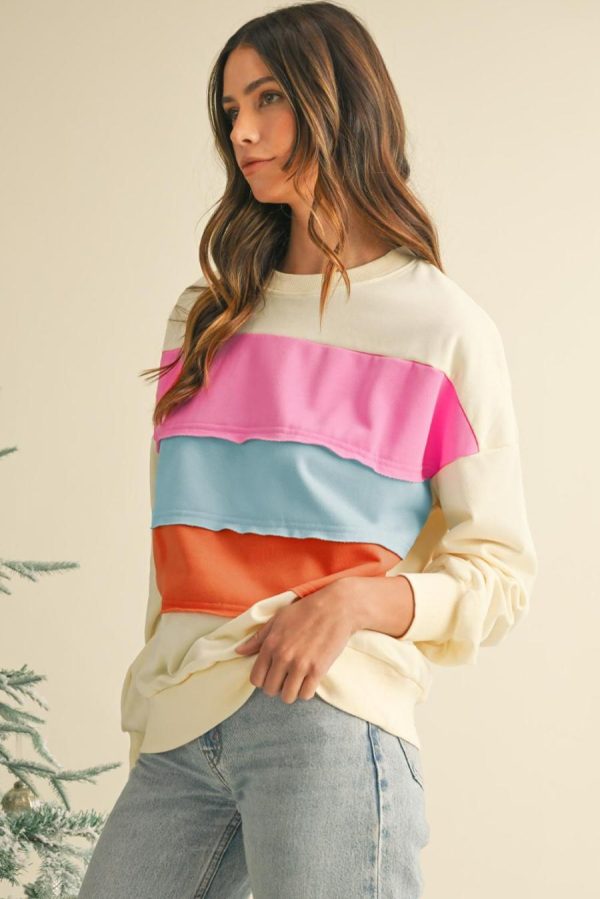 Women Sweatshirts & Hoodies | White Colorblock Patchwork Drop Sleeve Sweatshirt - Image 3