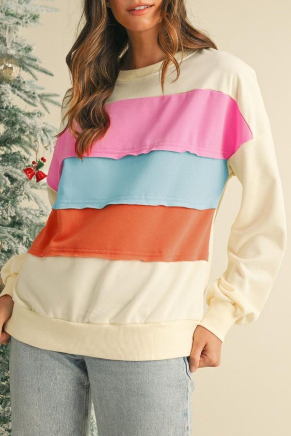 Women Sweatshirts & Hoodies | White Colorblock Patchwork Drop Sleeve Sweatshirt - Image 5