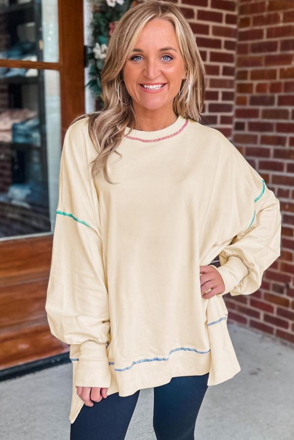 Women Sweatshirts & Hoodies | White Contrast Stitching Split Oversized Sweatshirt