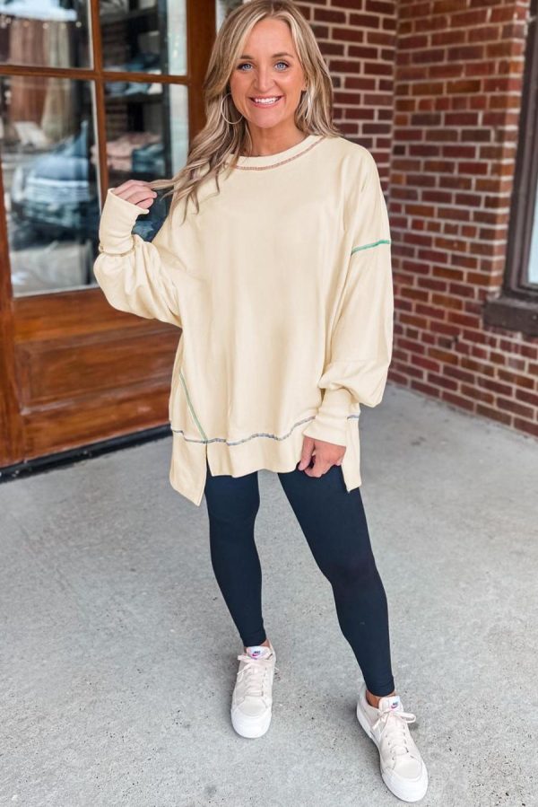 Women Sweatshirts & Hoodies | White Contrast Stitching Split Oversized Sweatshirt - Image 2
