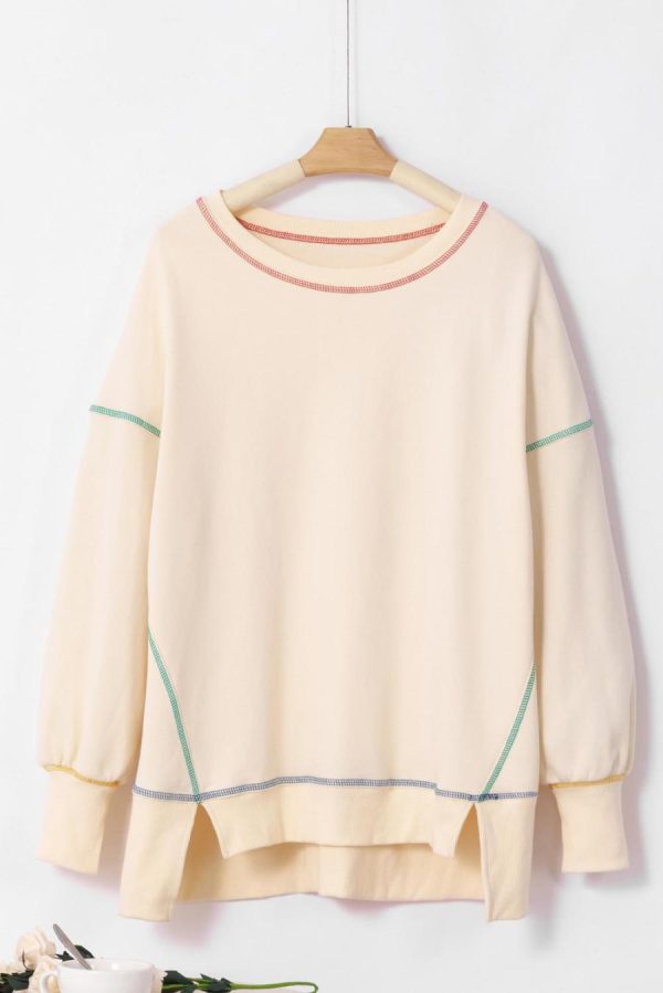 Women Sweatshirts & Hoodies | White Contrast Stitching Split Oversized Sweatshirt - Image 3