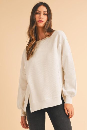 Women Sweatshirts & Hoodies | White Waffle Bishop Sleeve Split Oversized Sweatshirt