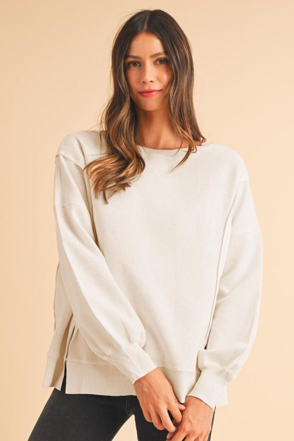 Women Sweatshirts & Hoodies | White Waffle Bishop Sleeve Split Oversized Sweatshirt - Image 2