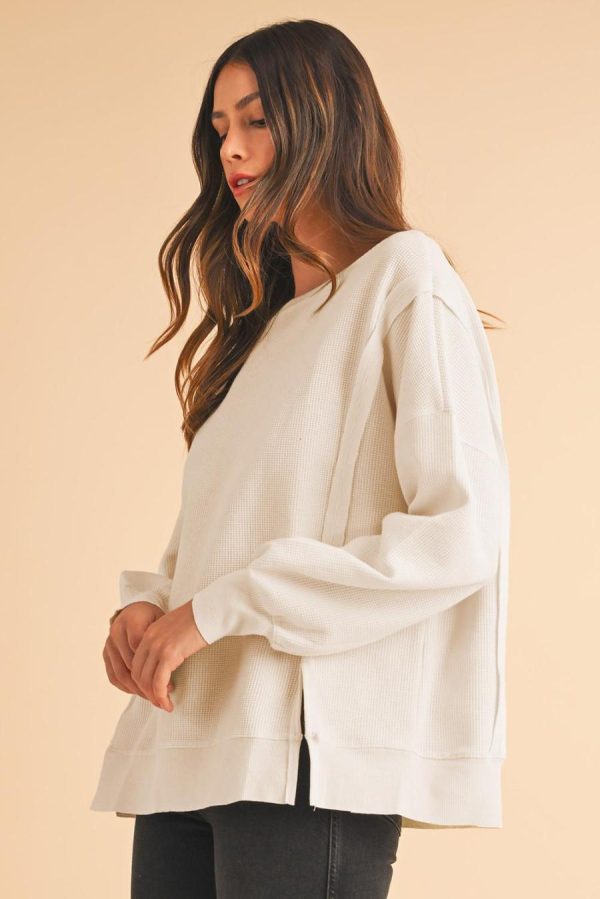 Women Sweatshirts & Hoodies | White Waffle Bishop Sleeve Split Oversized Sweatshirt - Image 3