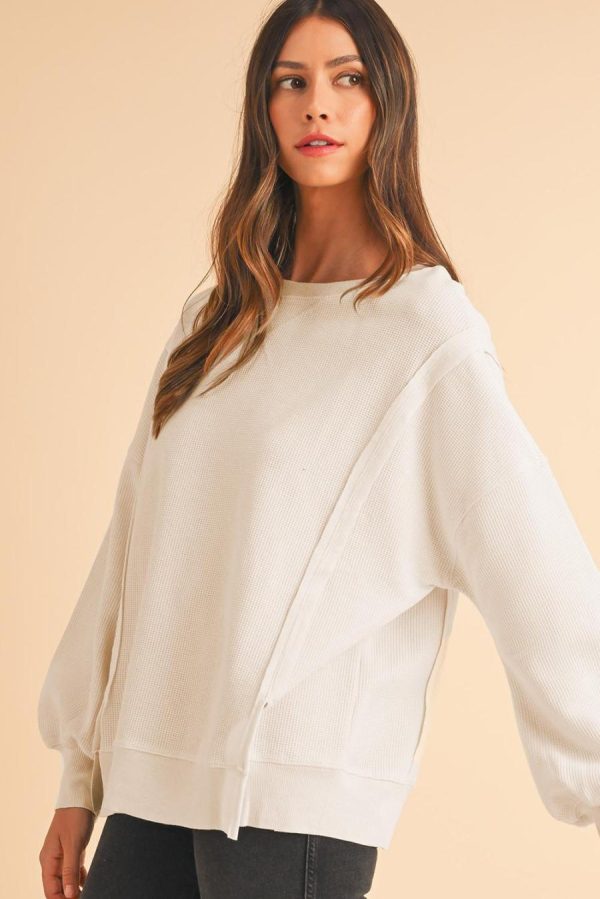 Women Sweatshirts & Hoodies | White Waffle Bishop Sleeve Split Oversized Sweatshirt - Image 4