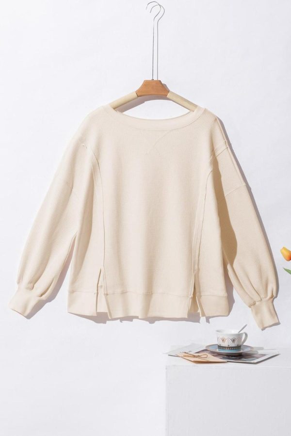 Women Sweatshirts & Hoodies | White Waffle Bishop Sleeve Split Oversized Sweatshirt - Image 6