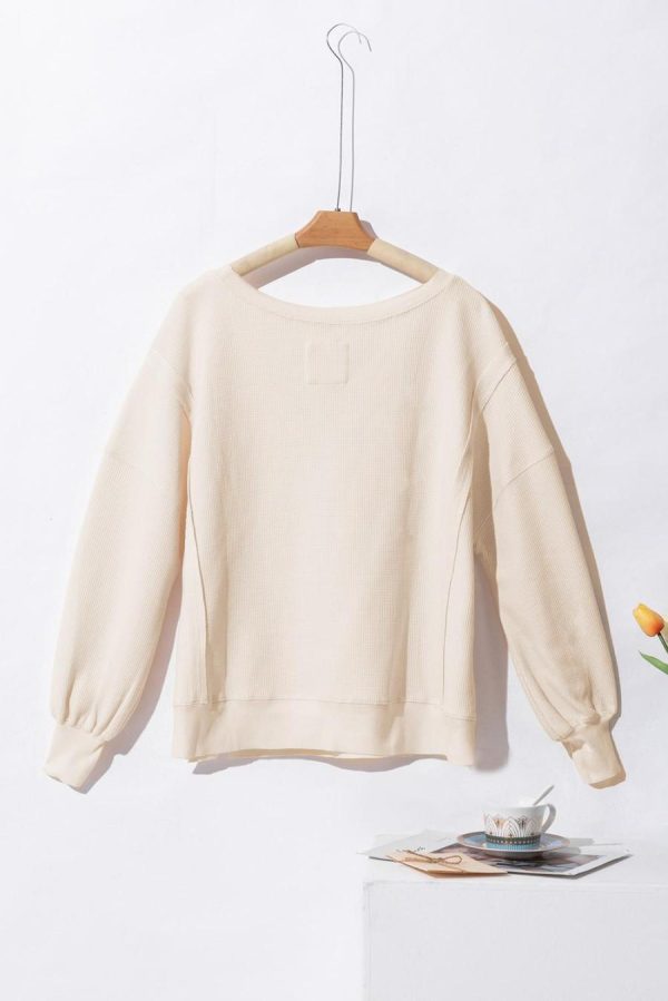Women Sweatshirts & Hoodies | White Waffle Bishop Sleeve Split Oversized Sweatshirt - Image 7