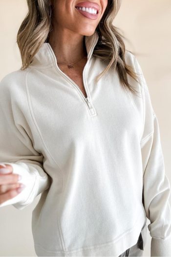 Women Sweatshirts & Hoodies | White Zipper Collared Drop Shoulder Plain Sweatshirt