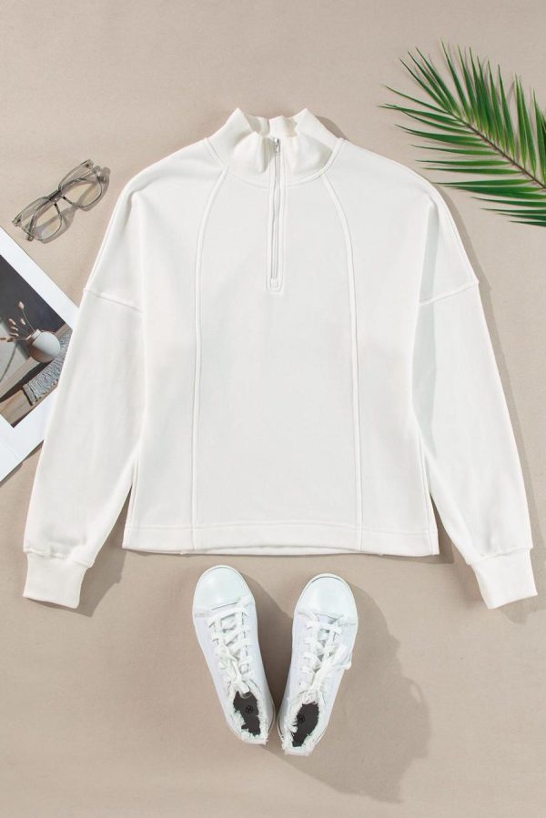 Women Sweatshirts & Hoodies | White Zipper Collared Drop Shoulder Plain Sweatshirt - Image 2
