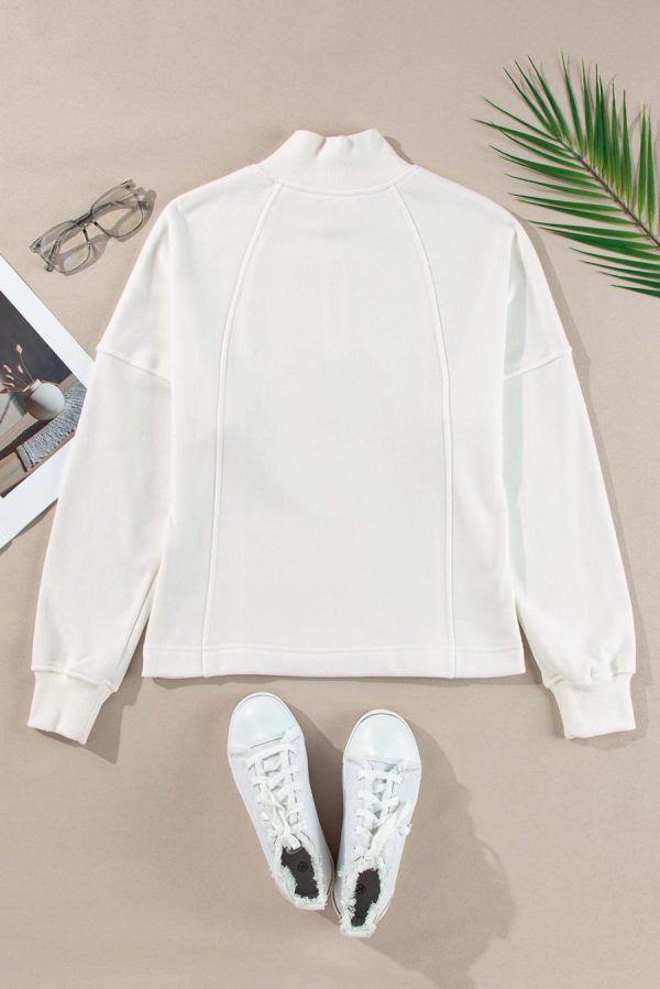 Women Sweatshirts & Hoodies | White Zipper Collared Drop Shoulder Plain Sweatshirt - Image 3