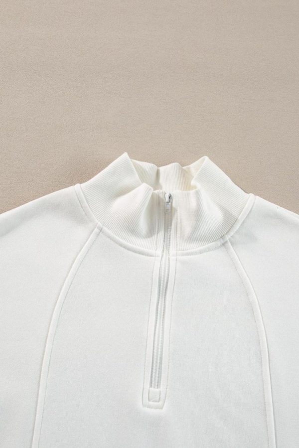 Women Sweatshirts & Hoodies | White Zipper Collared Drop Shoulder Plain Sweatshirt - Image 4