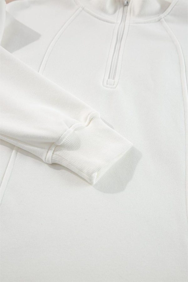 Women Sweatshirts & Hoodies | White Zipper Collared Drop Shoulder Plain Sweatshirt - Image 6