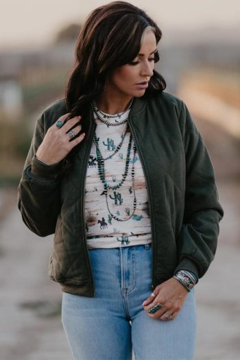 Women T Shirts | Beige Cactus Print Crew Neck Short Sleeve Top