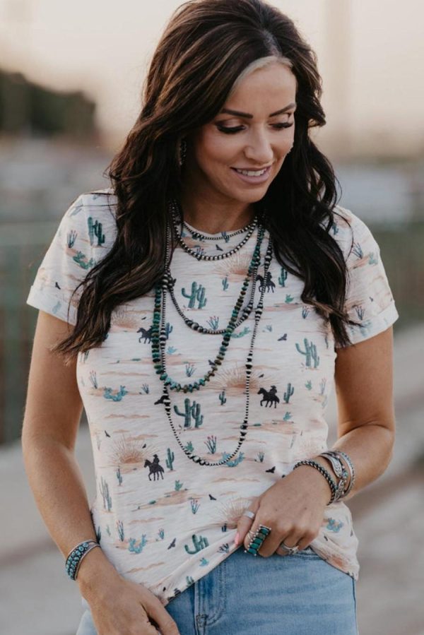Women T Shirts | Beige Cactus Print Crew Neck Short Sleeve Top - Image 2