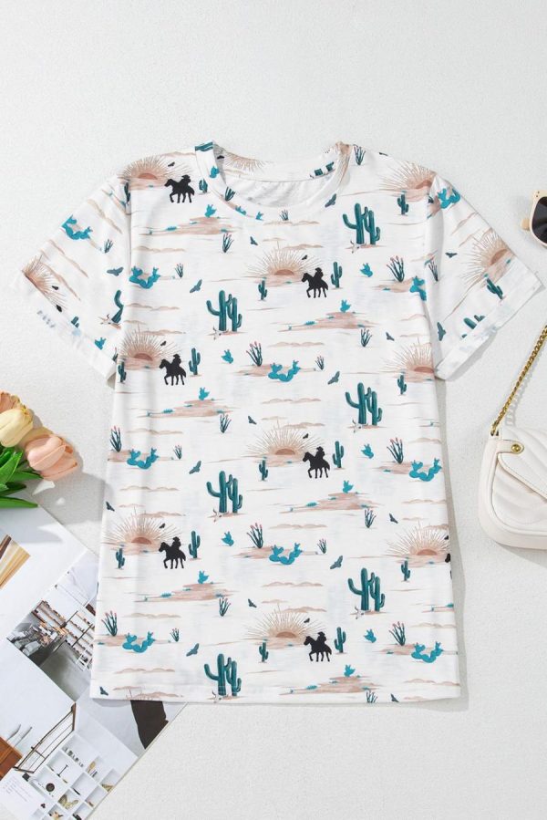 Women T Shirts | Beige Cactus Print Crew Neck Short Sleeve Top - Image 3