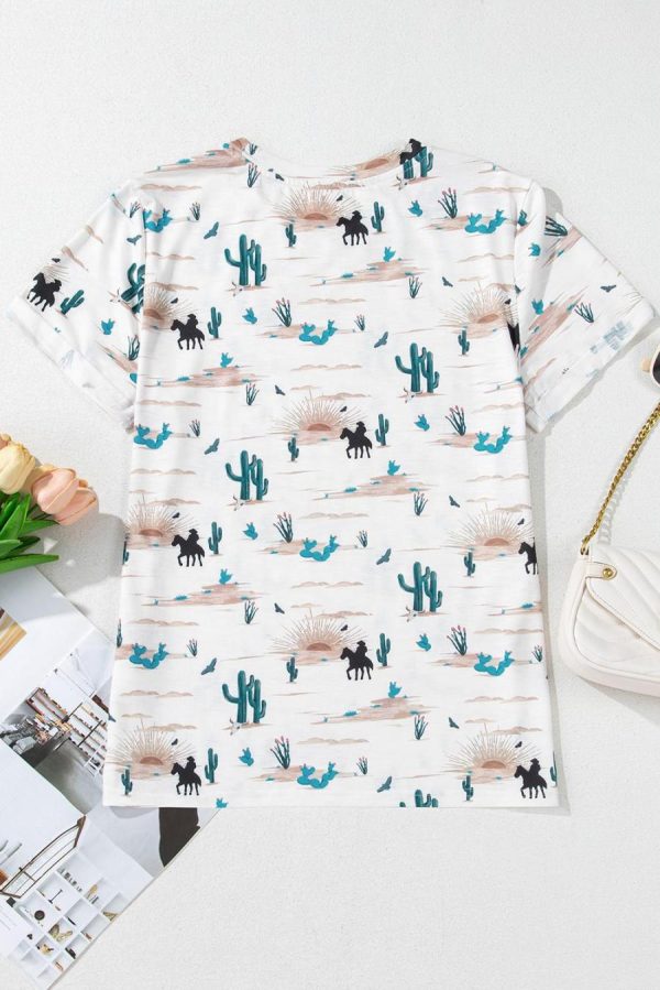 Women T Shirts | Beige Cactus Print Crew Neck Short Sleeve Top - Image 4