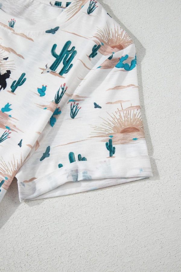 Women T Shirts | Beige Cactus Print Crew Neck Short Sleeve Top - Image 5