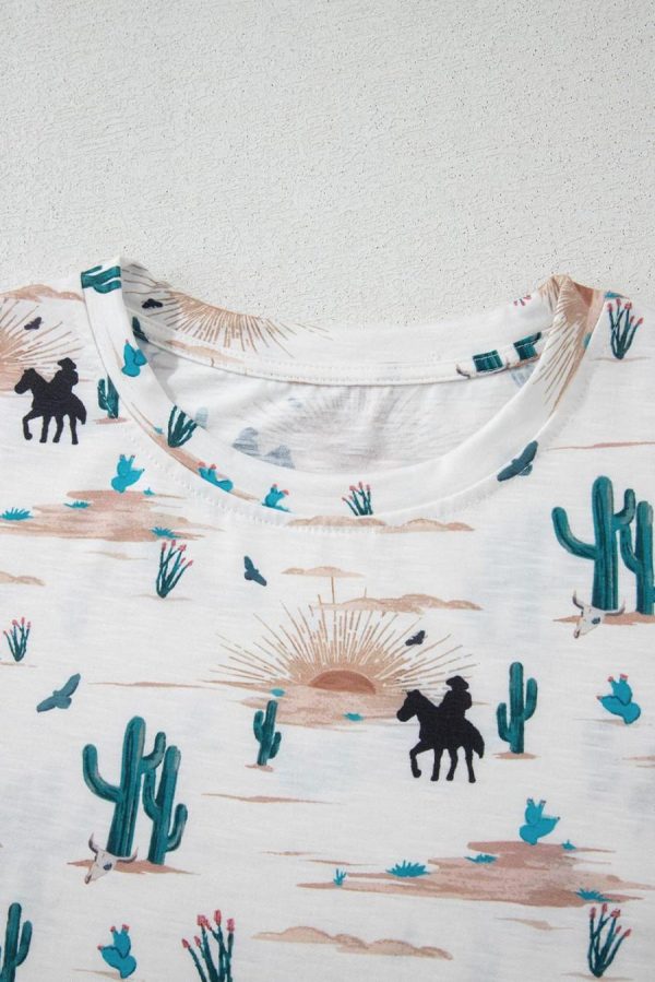 Women T Shirts | Beige Cactus Print Crew Neck Short Sleeve Top - Image 6