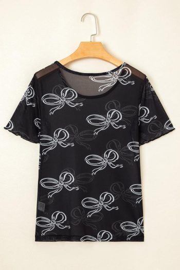 Women T Shirts | Black Bow Print Mesh Short Sleeve Top